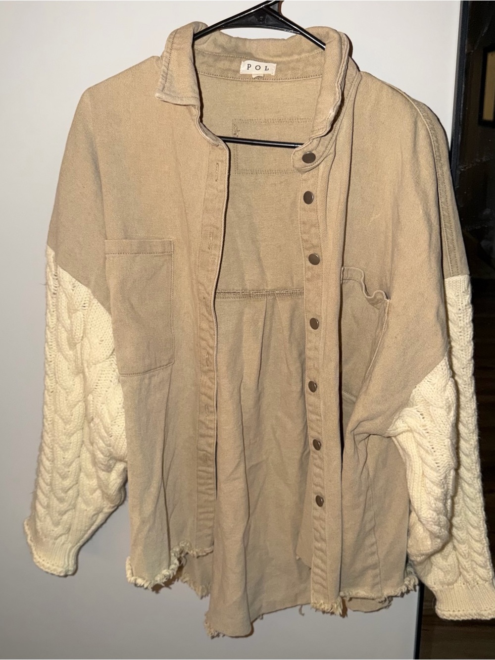 $80 POL Cable Knit Sweater Shacket Large Boho Beige Oversized Minimalist